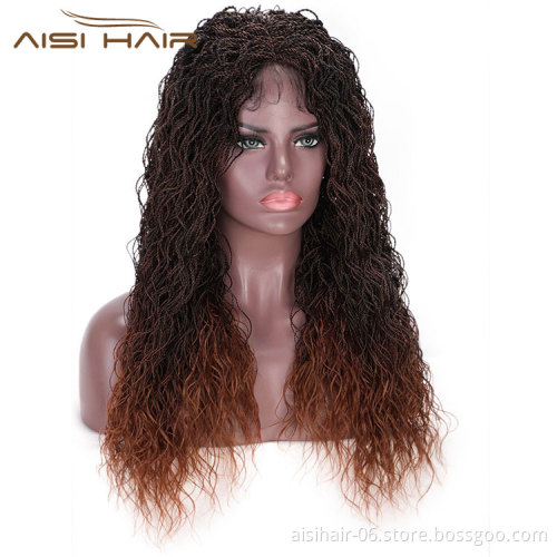 Aisi Hair Synthetic Twist Braided Lace Front Long Wavy Wigs Ombre Brown Senegalese Lace Front Long Braided Wigs For Women